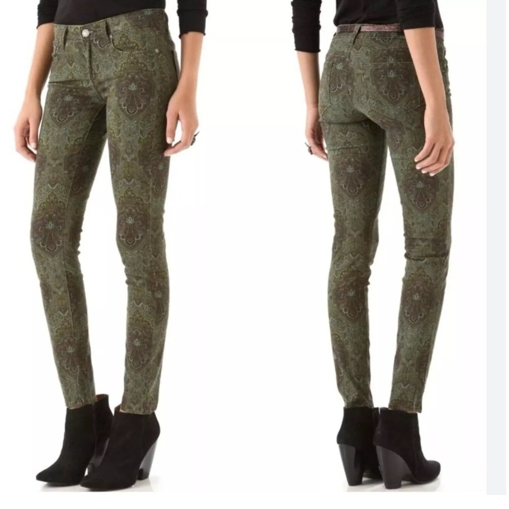 PAIGE Verdugo Printed Skinny Jeans Womens Size 24 Olive Green Paisley Denim‎